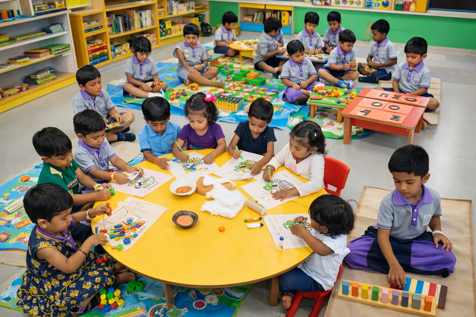 Children playing in a colorful classroom